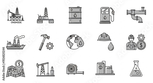 Oil and gas industry icons representing various aspects of the sector.