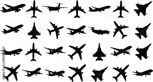 Aircraft silhouettes mega collection showing commercial airplanes, cargo planes and military jets from multiple angles, aviation transport isolated on white background