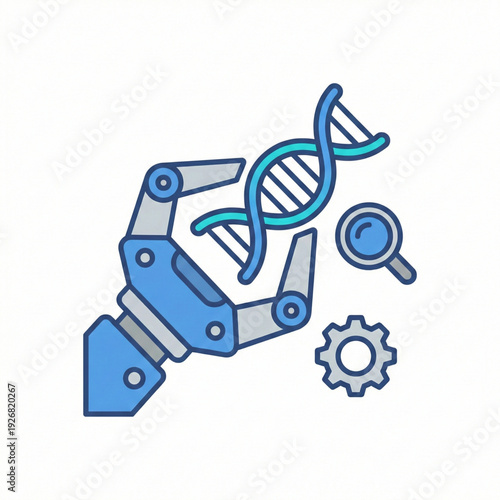 Robotic hand manipulating DNA strands medical research flat icon