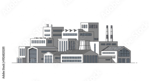 Architectural Illustration of a Complex Industrial and Urban Landscape.