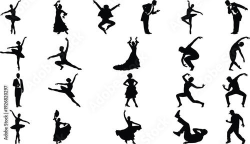 Dance and movement silhouette collection featuring ballet flamenco modern dance jumping and expressive performer poses isolated on white background illustrationDanc