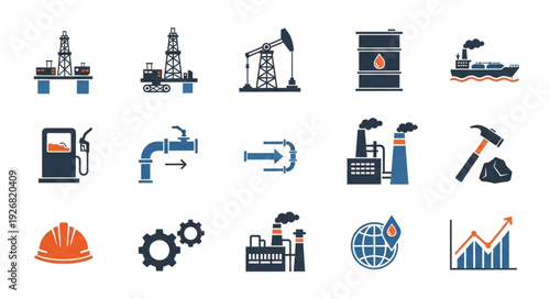 Oil and gas industry icons representing various aspects of energy production and distribution.