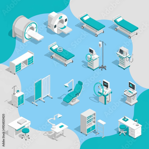Medical equipment and hospital furniture isometric illustration.
