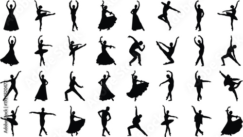 Dance silhouette collection featuring ballet contemporary flamenco and modern dancers performing expressive movement poses isolated on white background illustration
