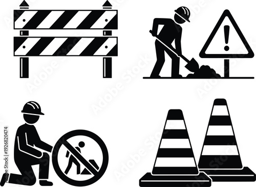 Road construction safety icons set showing worker digging, warning sign, traffic cones, barricade and restricted area symbols for industrial work zone safety