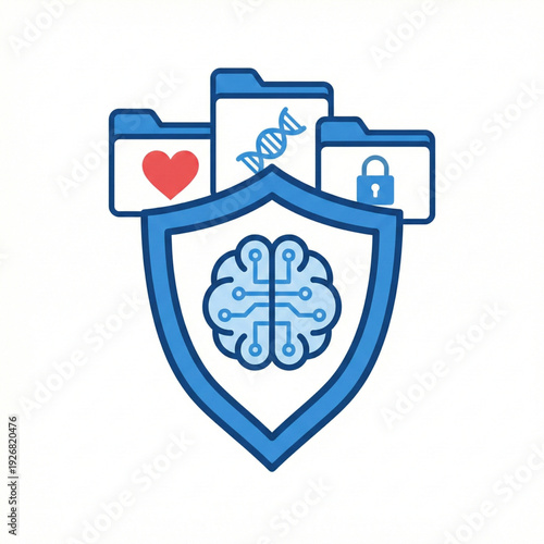 AI cyber shield protecting medical and health data flat icon