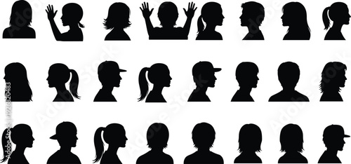 Black silhouette people profiles collection showing diverse hairstyles gestures anonymous human heads isolated on white background vector illustration for stock