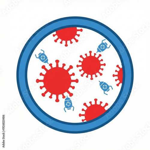 Nanotechnology robots fighting virus cells flat design icon