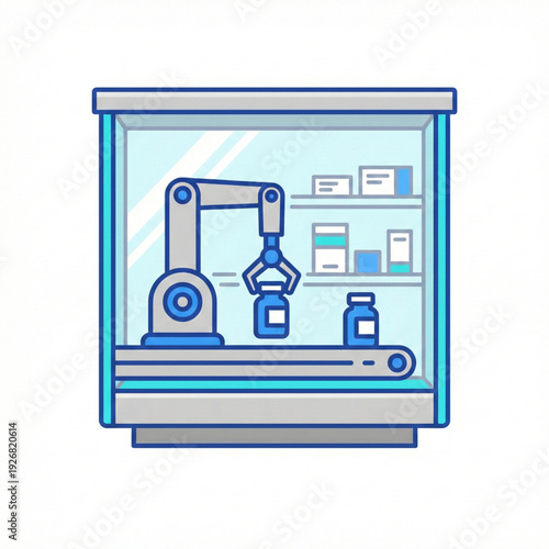Automated pharmacy dispenser robot sorting medicine flat icon