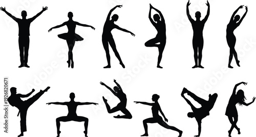 Dance and fitness silhouette collection featuring ballet poses stretching exercises jumping and expressive body 