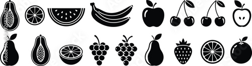 Black and white fruit icons, papaya, orange slice, watermelon, bananas, apple, cherries, pear, grapes, strawberry, healthy food illustration
