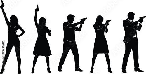 Secret agent silhouettes set with men and women holding guns, action spy characters in combat poses, black vector illustration for crime, thriller, and action concepts