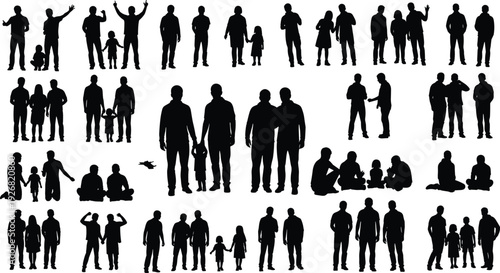 Black silhouettes of families, couples and individuals interacting together isolated on white background representing relationships, community, parenting and social life