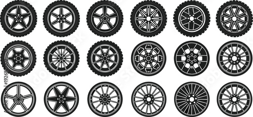 Car wheel designs collection, automotive rims, spoke variations, off‑road tires, performance wheels, vehicle customization, alloy rims, transportation graphics, tire illustrations