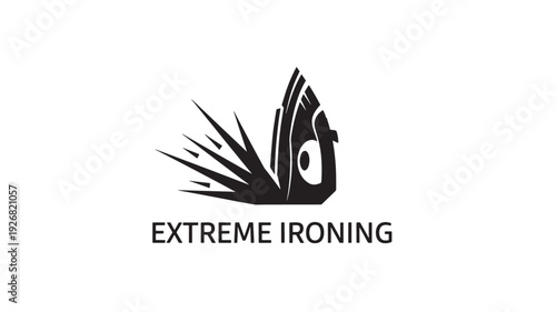 A modern logo design featuring an iron with steam, symbolizing extreme ironing, on a clean white background.