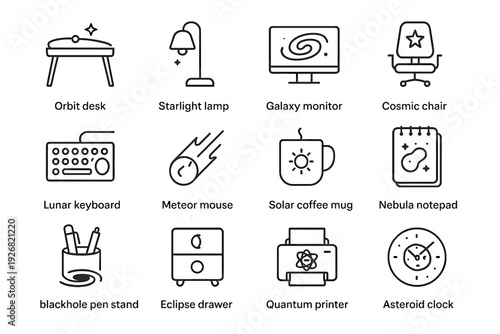 Office icon vector notepad cosmic icons asteroid solar astral coffee quantum orbit