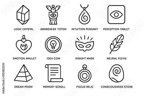 Insight consciousness idea conceptual emotion dream artifact relic neural icon vector tablet