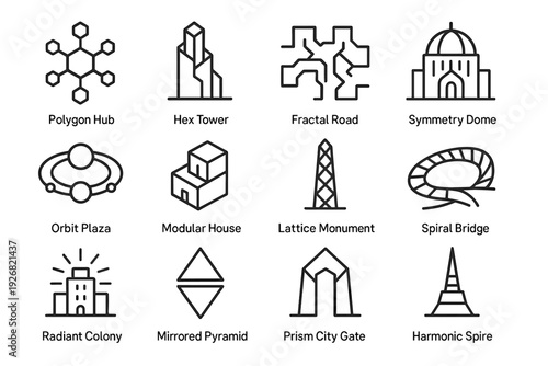 Vector set colony radiant dome orbit polygon plaza road civilization icon bridge