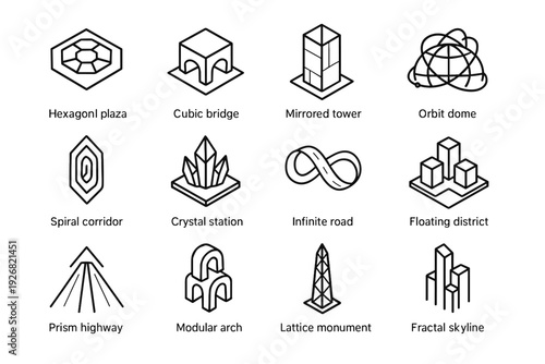 Dome vector lattice icon crystal set corridor geometric road spiral modular arch