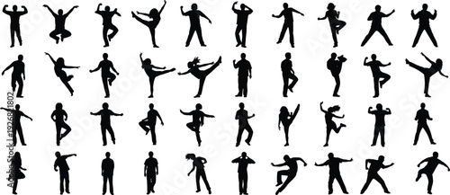 Black silhouettes of people performing various dance and action poses isolated on white background expressing energy, motion, fitness and creativity