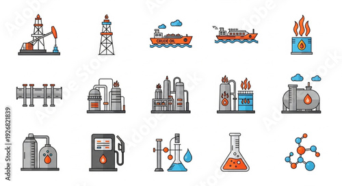 Illustrative depiction of various industrial processes and chemical plants.