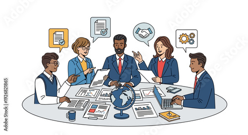 Diverse business team discussing global strategies in modern meeting room