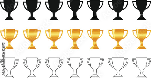 Golden trophy cup icon set, award winner symbols, black silhouette, gold gradient, outline style, cad drawing flat vector illustration collection pack design