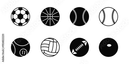 Minimalist sports ball icons set representing popular athletic games in vector