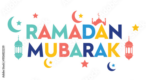 Ramadan mubarak greeting with crescent moons stars and traditional lanterns