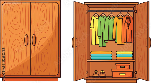 Wooden wardrobe with closed and open doors showing neatly organized clothes, shoes, and storage boxes, highlighting home organization, interior design, and lifestyle inspiration