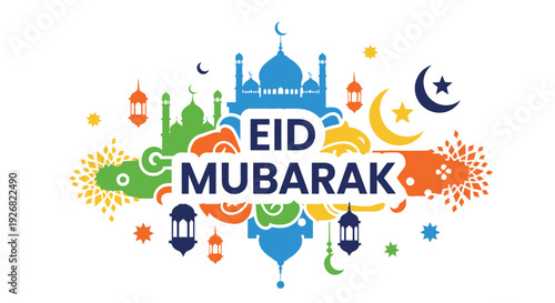 Eid mubarak greeting with mosque crescent moon stars and colorful decorations