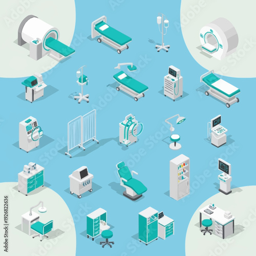 Hospital Medical Equipment and Furniture Isometric Icons.