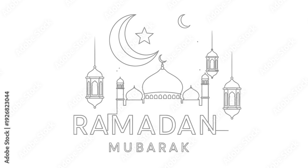 Naklejka premium Ramadan mubarak greeting with crescent moons a star and a mosque illustration