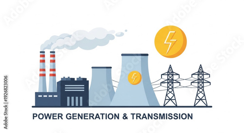 Power generation and transmission illustration depicting energy production and distribution.