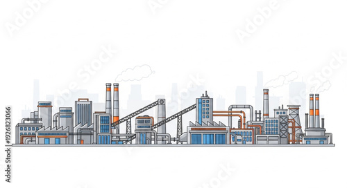 Industrial cityscape illustration depicting factories and manufacturing plants with smokestacks.