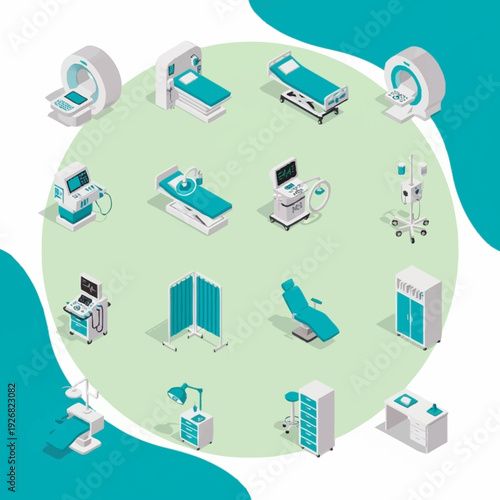 Medical equipment and hospital furniture illustrations in a circular arrangement.