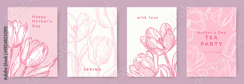 Spring holiday card set with bouquet of tulips. Hand drawn vector line art floral motifs for Women's Day March 8, birthday and Mother's Day