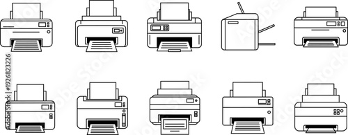 Printer icons collection, office equipment graphics, line art printers, paper tray designs, scanner symbols, printing devices, technology illustrations, business tools