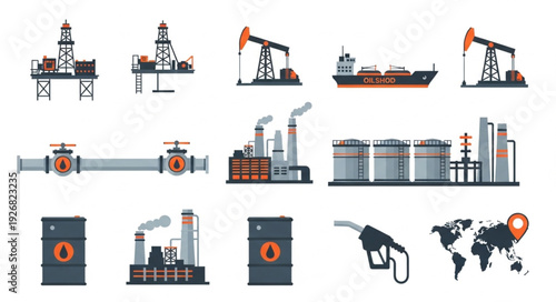 Oil and gas industry equipment and infrastructure vector illustration set.