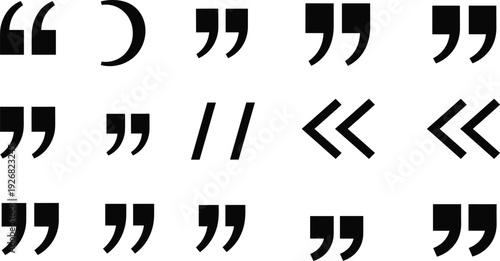 Quotation marks typography set, diverse punctuation symbols, international writing styles, guillemets, curved quotes, typographic design elements, language variations, editorial graphics