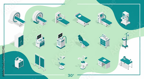 Medical equipment and hospital room layout illustration.