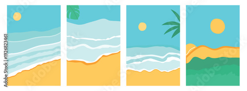 Summer beach background set in modern stile. Cards for web design, print. Beach, sun, plant, sea. Vector illustration	