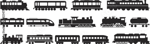Vintage, steam, train, locomotive, silhouette, set, black, railway, carriage, engine, transportation, icon, vector, illustration, isolatedrt
