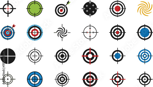 Target crosshair icons set, colorful bullseye, precision focus, goal setting, accuracy symbols, gaming aim design, concentric circles illustration