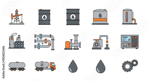 Oil and petroleum industry icons representing various aspects of the sector.