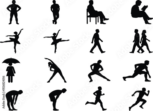 People silhouette set featuring walking sitting dancing exercising running stretching and everyday human activity poses isolated on white background illustration