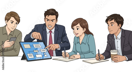 Business team collaborating on project with flowchart on screen