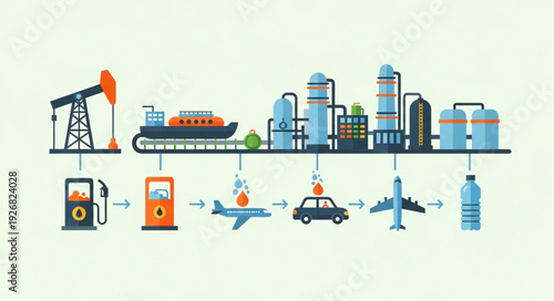 Oil industry production process from extraction to final product distribution.