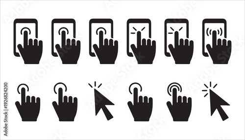 Smartphone interaction icons with finger tapping gestures on screen and various mouse click pointers