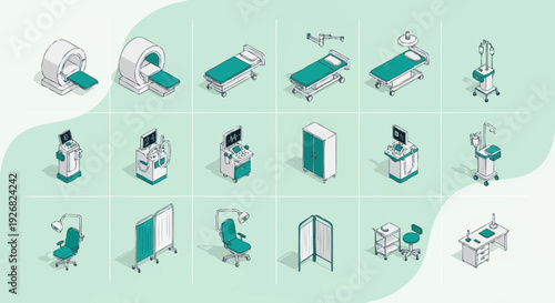 Medical equipment and hospital furniture icons set.